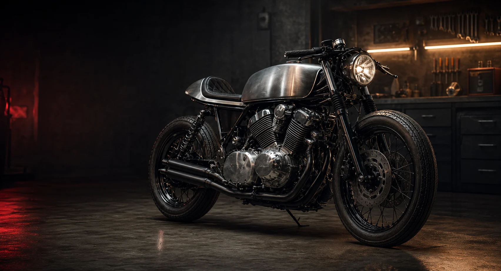 Koncepcyjna ilustracja custom cafe racer na bazie Yamaha XV750 Virago