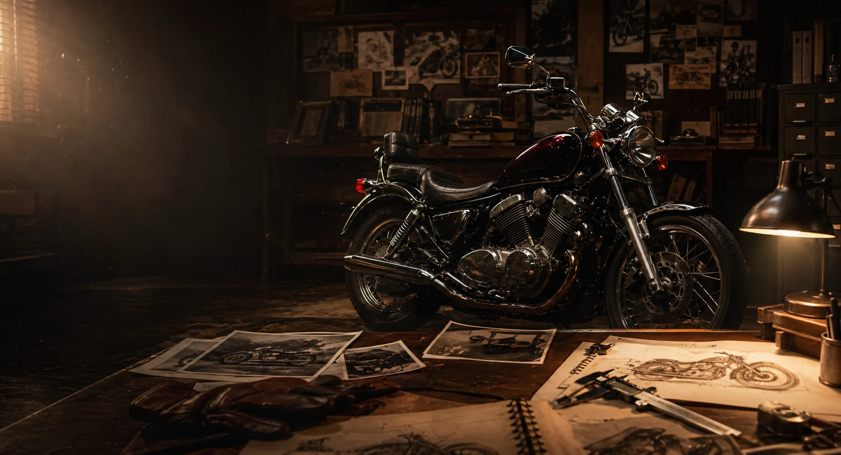Koncepcyjna ilustracja Yamaha XV750 Virago w archiwalnym warsztacie