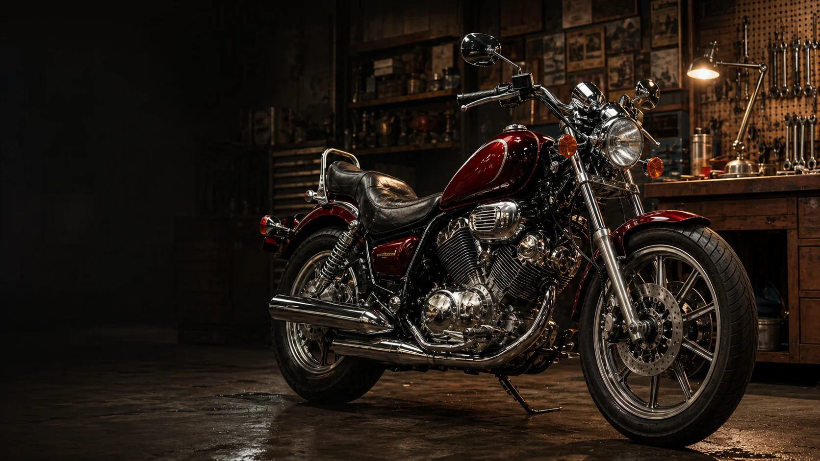 Koncepcyjna ilustracja Yamaha XV750 Virago w ciemnym garażu